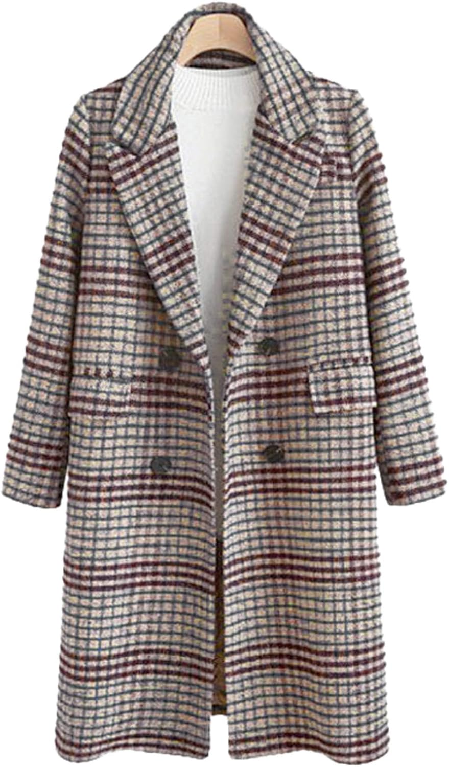 chouyatou Women's Classic Notched Collar Double Breasted Plaid Wool Blend Long Trench Coat - Image 5