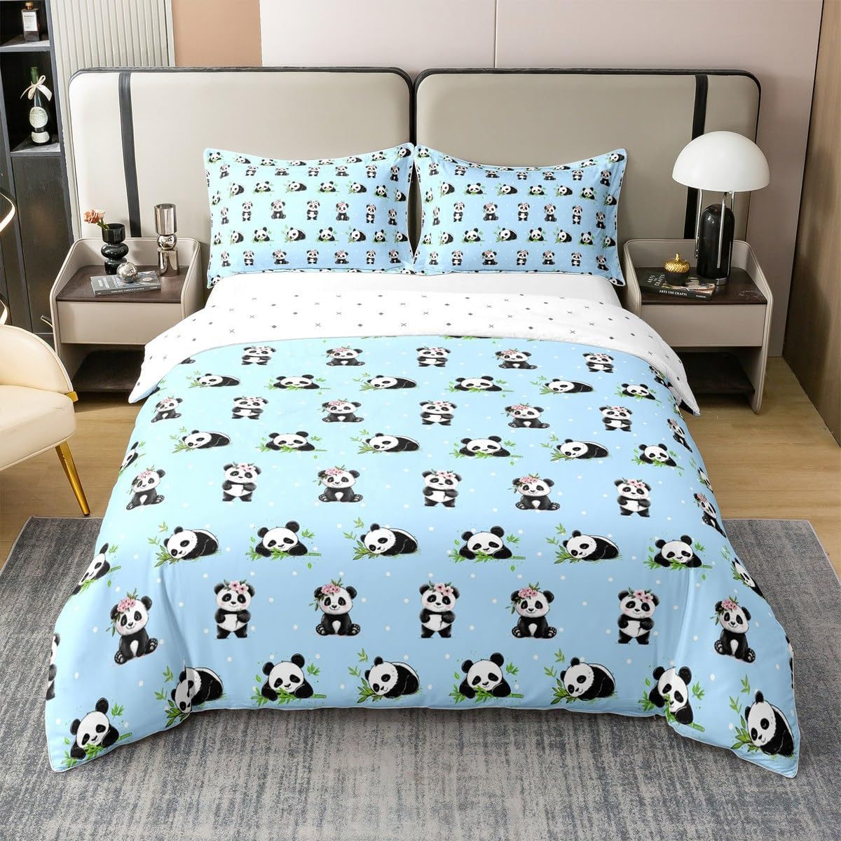Manfei Kawaii Panda 100% Cotton Duvet Cover Set Twin Size, Cute Panda Print Bedding Set 2pcs, Cartoon Animals Theme Quilt Cover, Kids Girls Teens Room Decor, 1 Pillowcase,No Comforter
