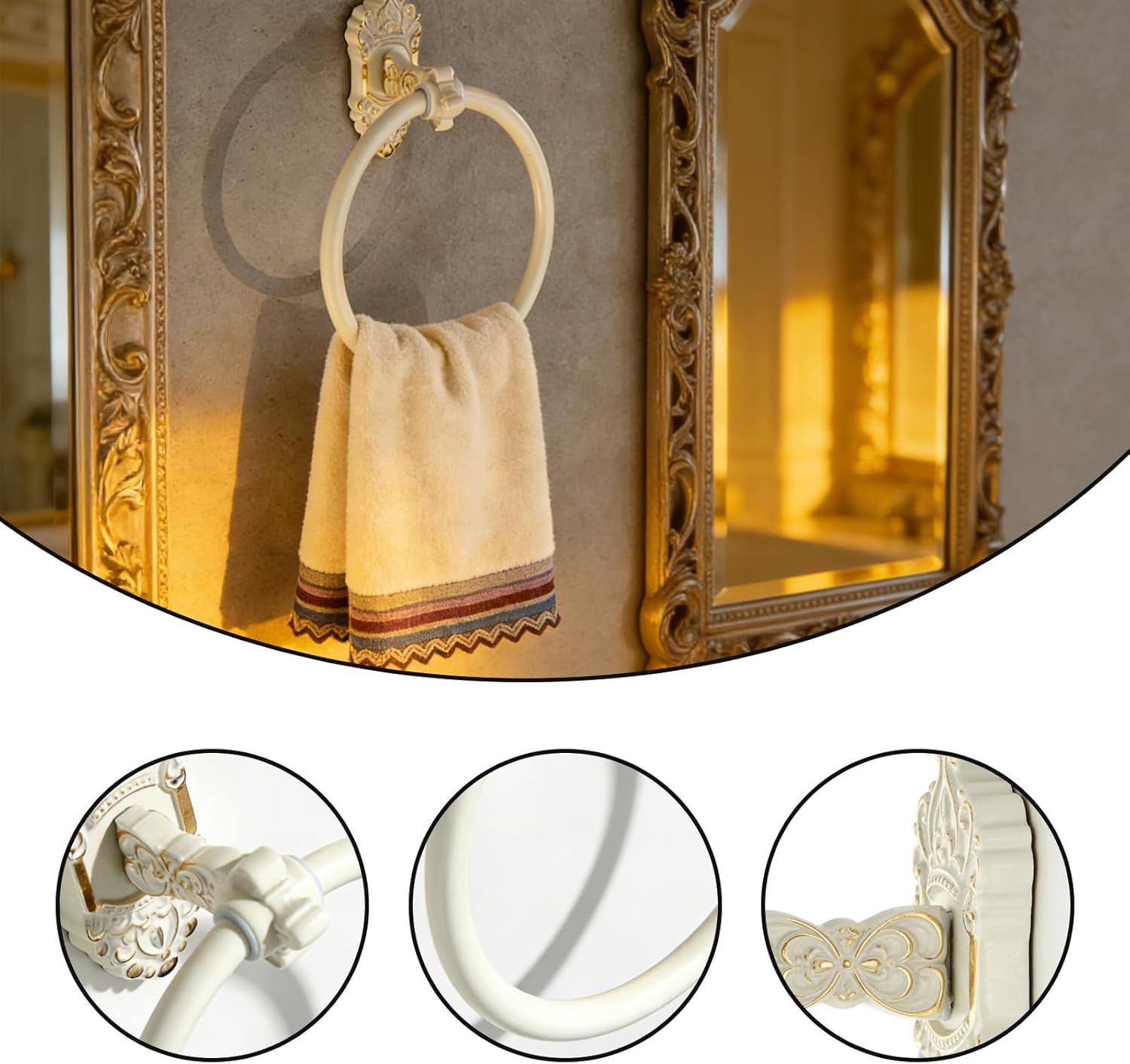 2 Pcs Antique White Toilet Paper Holder Towel Ring, Towel Rings for Bathroom Wall Wall Mount Sturdy Punch-Install Retro Vintage Bathroom Hardware