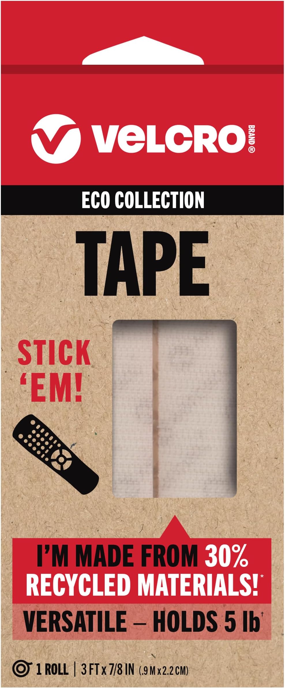 Velcro Brand ECO Collection Tapes, Stick on Adhesive Tape 3ft x 7/8in, Sustainable 30% Recycled Material, White
