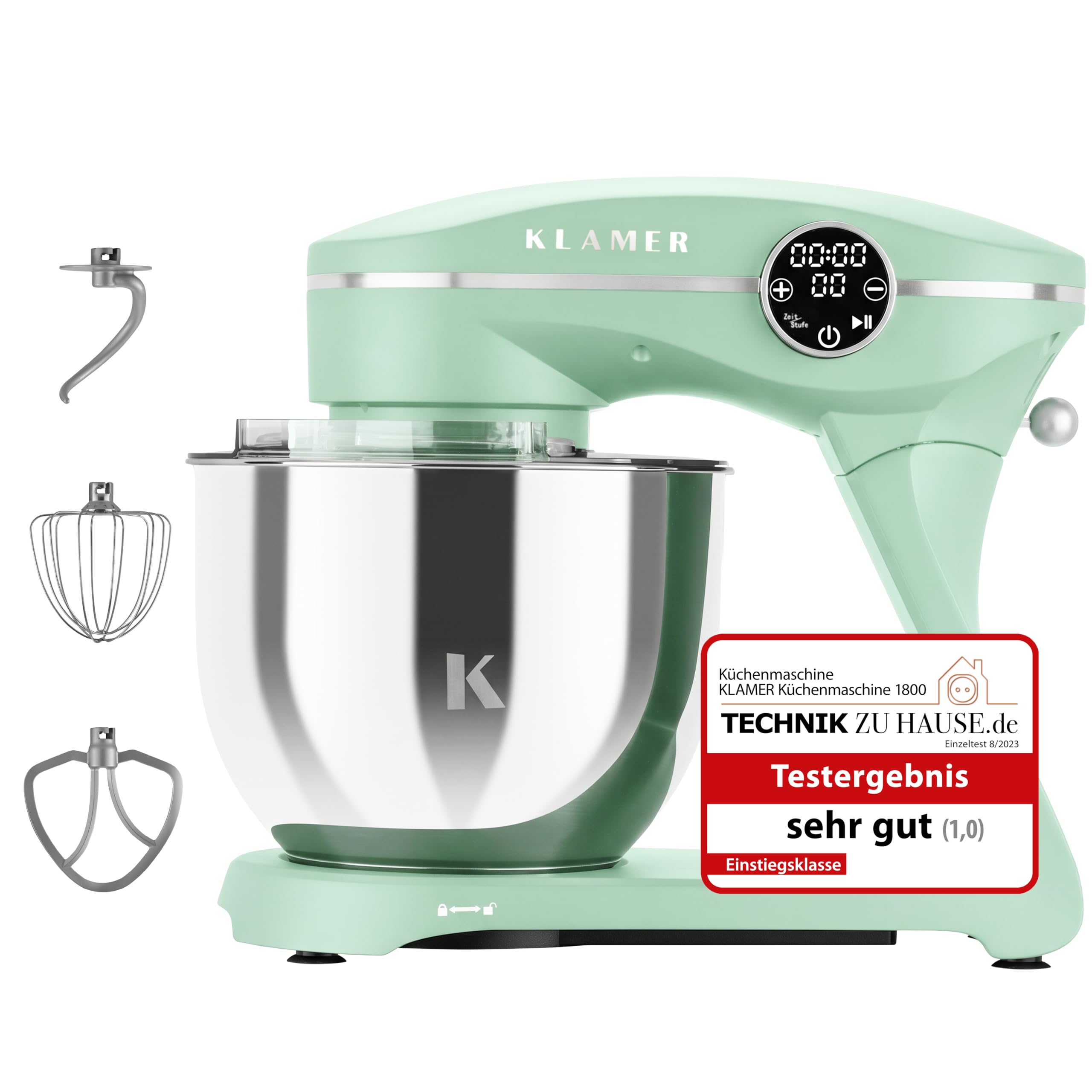KLAMER Küchenmaschine 1800W, Knetmaschine Brotteig mit 6L Edelstahlschüssel