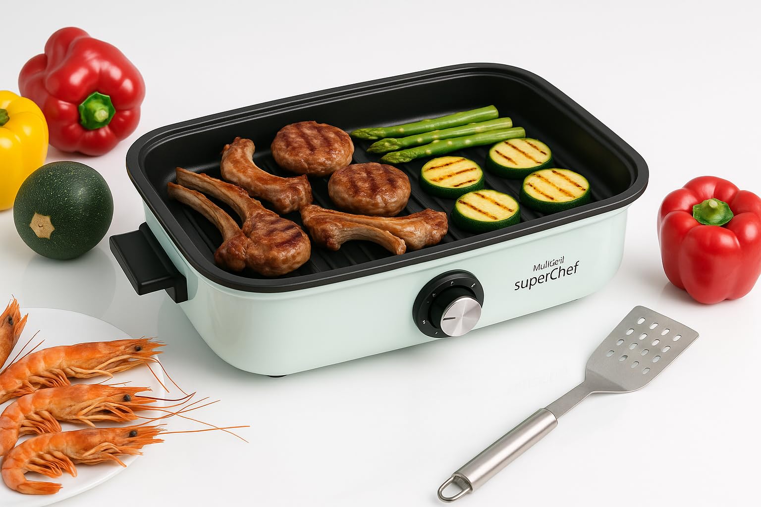 Plancha de Asar Superchef Multi Grill 5 en 1, Plancha de asar, cocina al vapor, guisos, barbacoa eléctrica, 1700 W de potencia