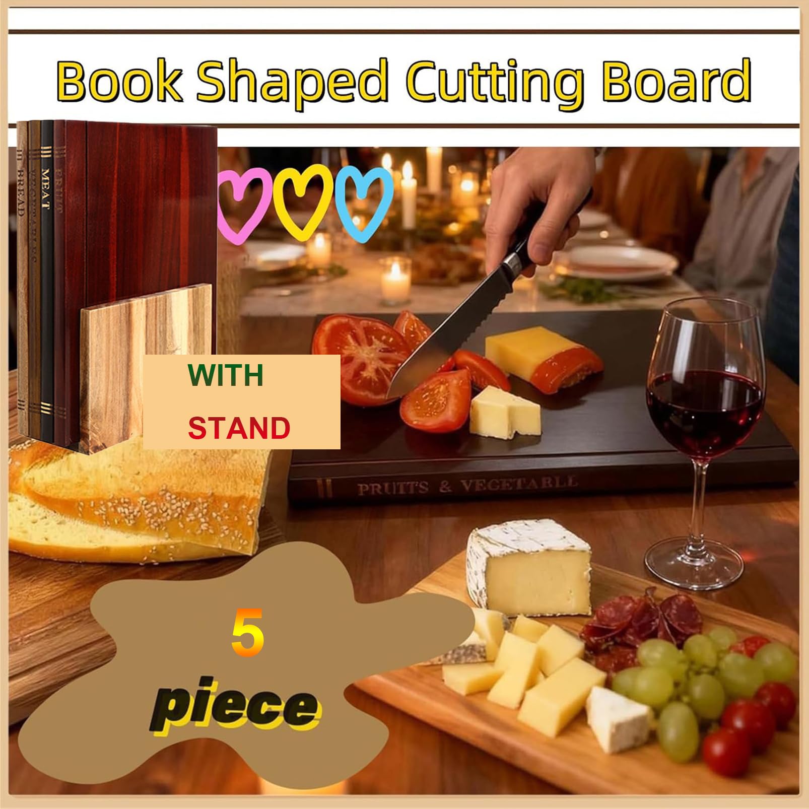 Schneidebrett Bibliothek Buchschneidebrett 4 Stück Schneidebrett Holz Set Mit Ständer, Book Shaped Cutting Board, Cutting Boards That Look Like Books Für Kochen Koch Obst Fleisch (5)