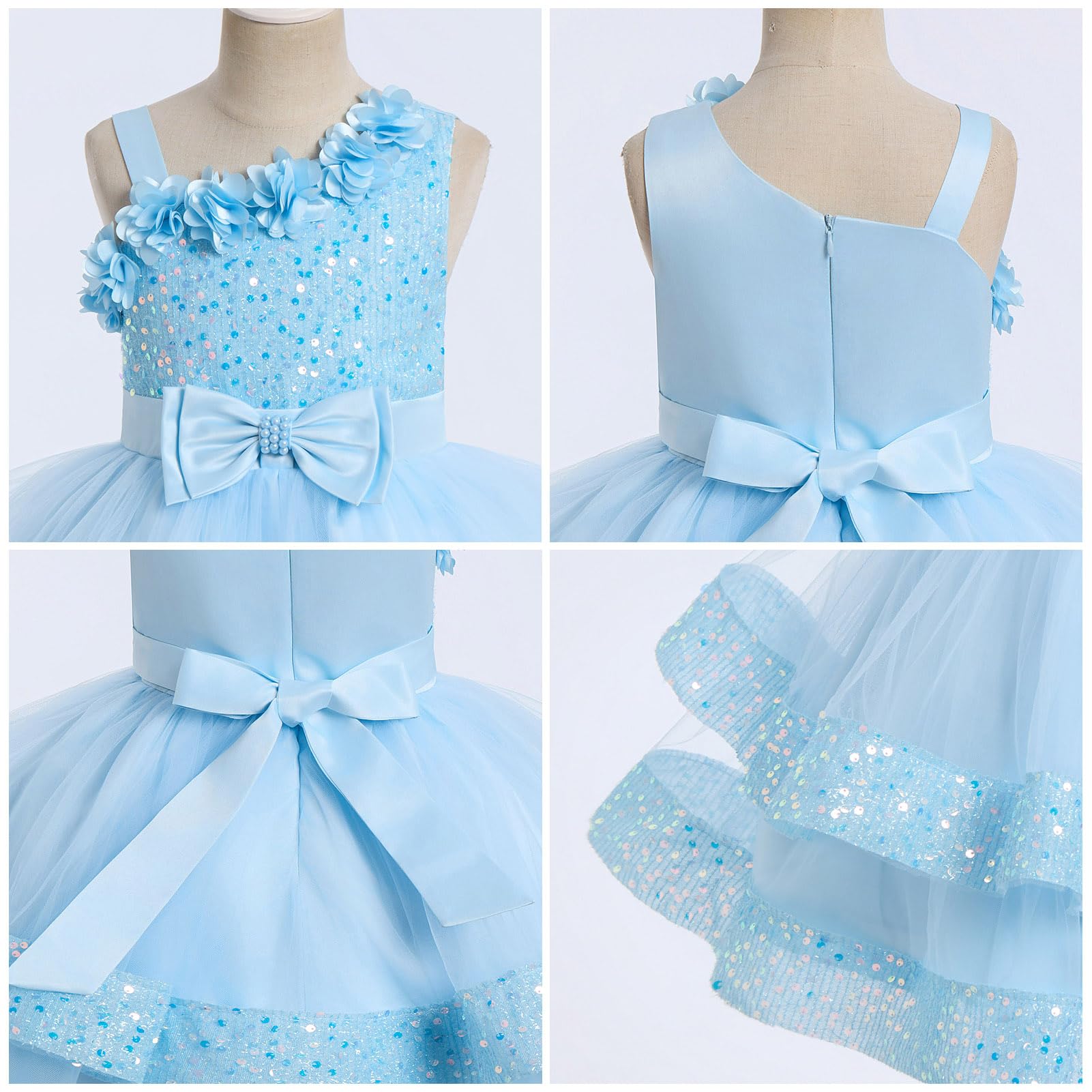 ABEHIK Vestido de princesa de lentejuelas para niñas, vestido de verano de malla de flores, tutú para fiestas, vestido de boda festivo para niños