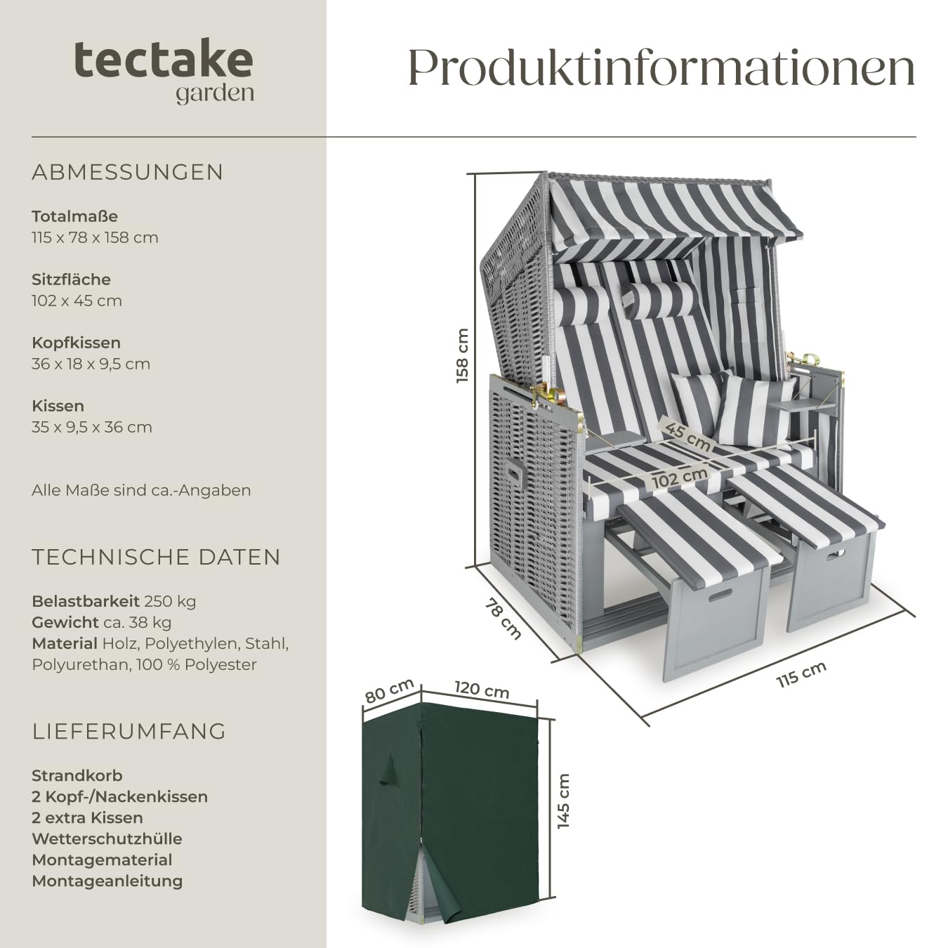 tectake® Strandkorb, Strandkorb Ostsee 2-Sitzer, verstellbare Rückenlehne, Volllieger mit Fußbänkchen und Seitentische, inkl. Schutzhülle & Kissen, Ideal für Balkon, Garten und Terrasse - grau/weiß
