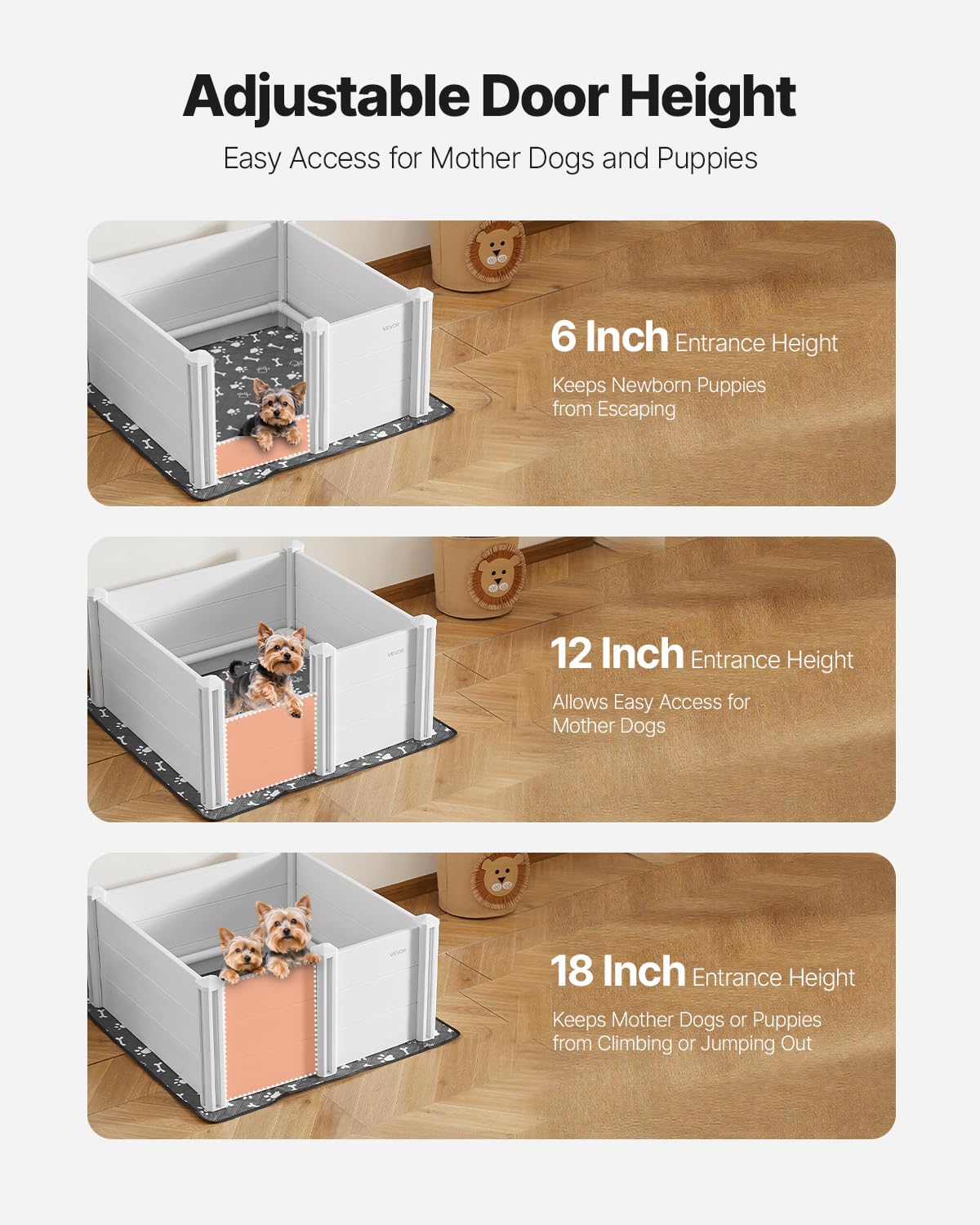 VEVOR Parc de Mise Bas pour Chien, 98 x 98 x 46 cm, Caisse de Mise Bas pour Chiots, avec Porte Hauteur Réglable, Tapis d'Urine Lavable, Boite de Naissance en Plastique PVC pour Chiens de Moyenne Race