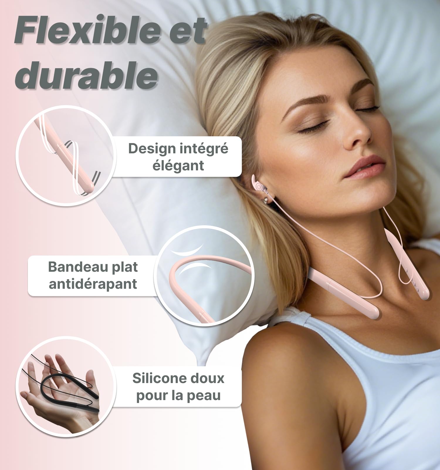 Hmusic Écouteurs de Sommeil Bluetooth sans Fil, Plats ecouteurs, Anti-Bruit, Doux et Confortable, pour Dormir sur Le côté, Yoga, entraînement, Voyage, détente