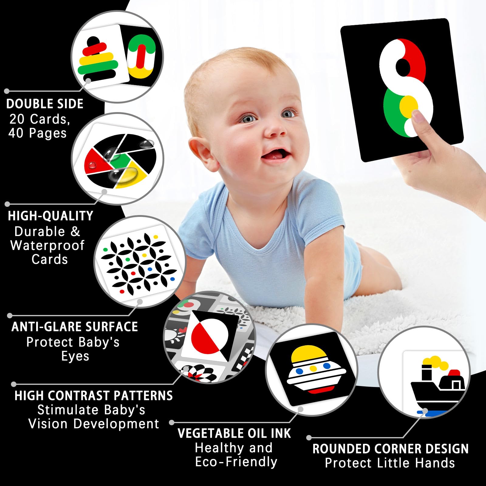 beiens High Contrast Baby Flashcard, 80 stuks, 160 pagina's, zwart, wit, kleurrijke visuele stimulatie, leeractiviteitskaart voor baby's, 0 3 6 12 36 maanden, 160 x 14 cm, pasgeborenen, speelgoed
