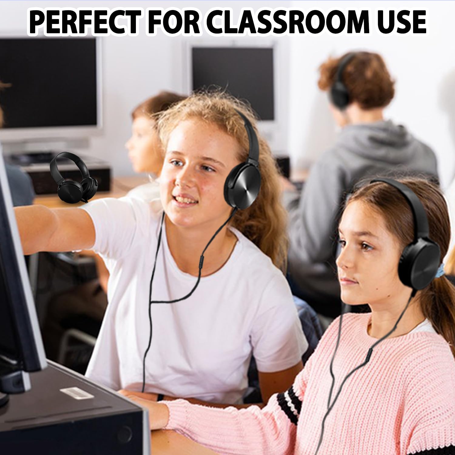 Auriculares a granel con micrófono, paquete de 10 para niños en el aula, auriculares de alambre resistentes con juego de clase de micrófono para estudiantes escolares, adolescentes y niños