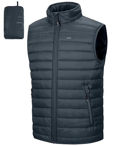 33,000ft Men's Lightweight Packable Insulated Puffer Vest Outerwear, Warm Winter Sleeveless Jacket for Golf Running - Dark Grey - Large