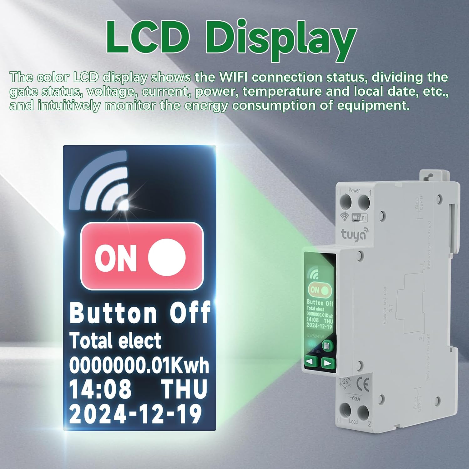 Close-up of the LCD display showing connection status, voltage, current, power, temperature, and date