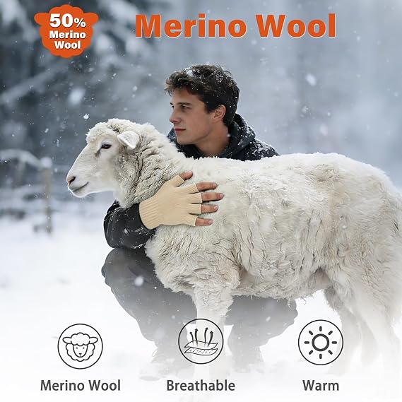Fullsheild Merino Wool Fingerless Gloves for Men Women Half Finger Knit Gloves Unisex Anti-Slip Wool Fingerless Mittens