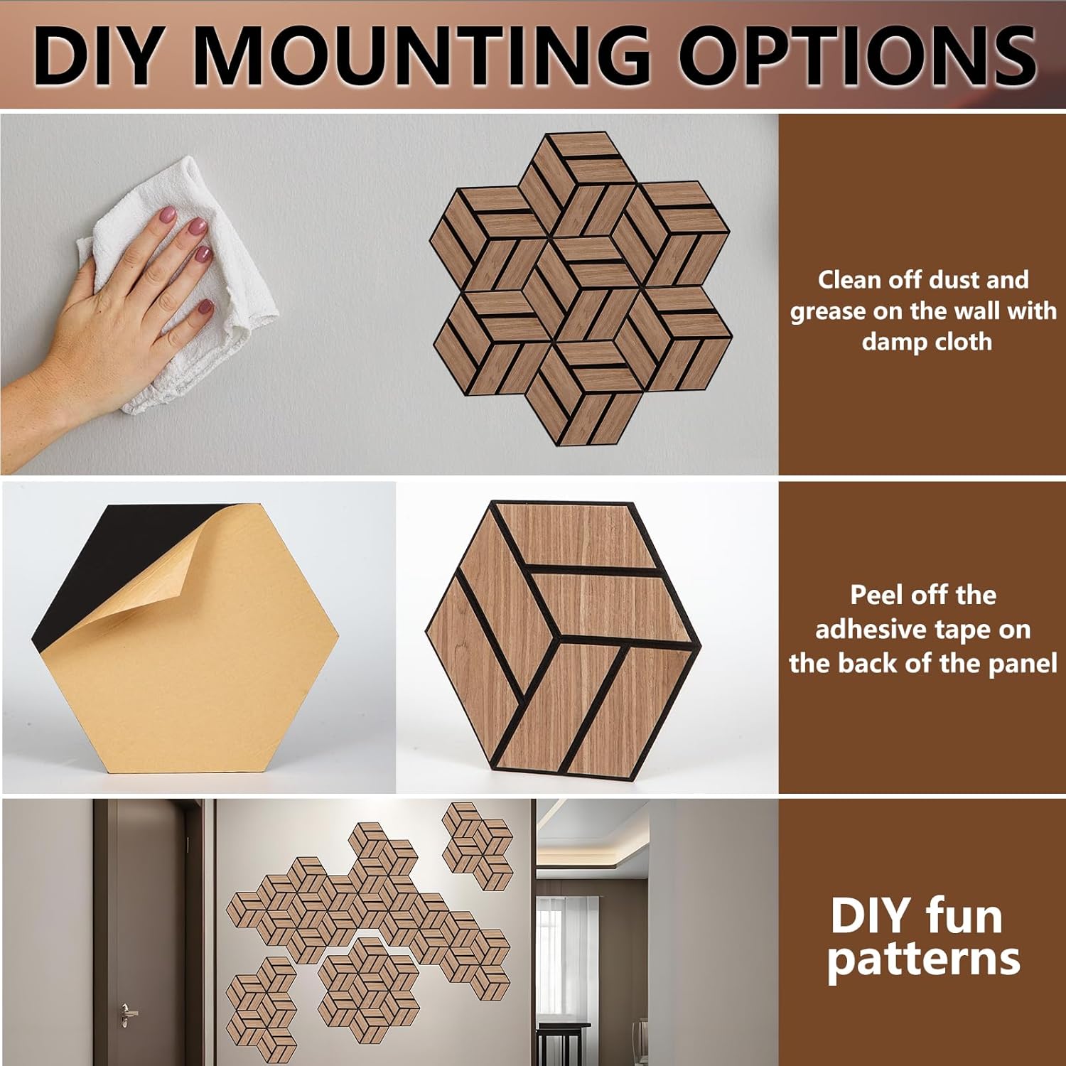 Urban Decor Acoustic Veneer Wood Wall Panels (Hexagon in Oak Color -10 PCS) for 3D Wood Wall Decor, Cool Room Accessories, Acoustic Dampening, Mens Room Decor, Gaming Areas, TV Walls and More