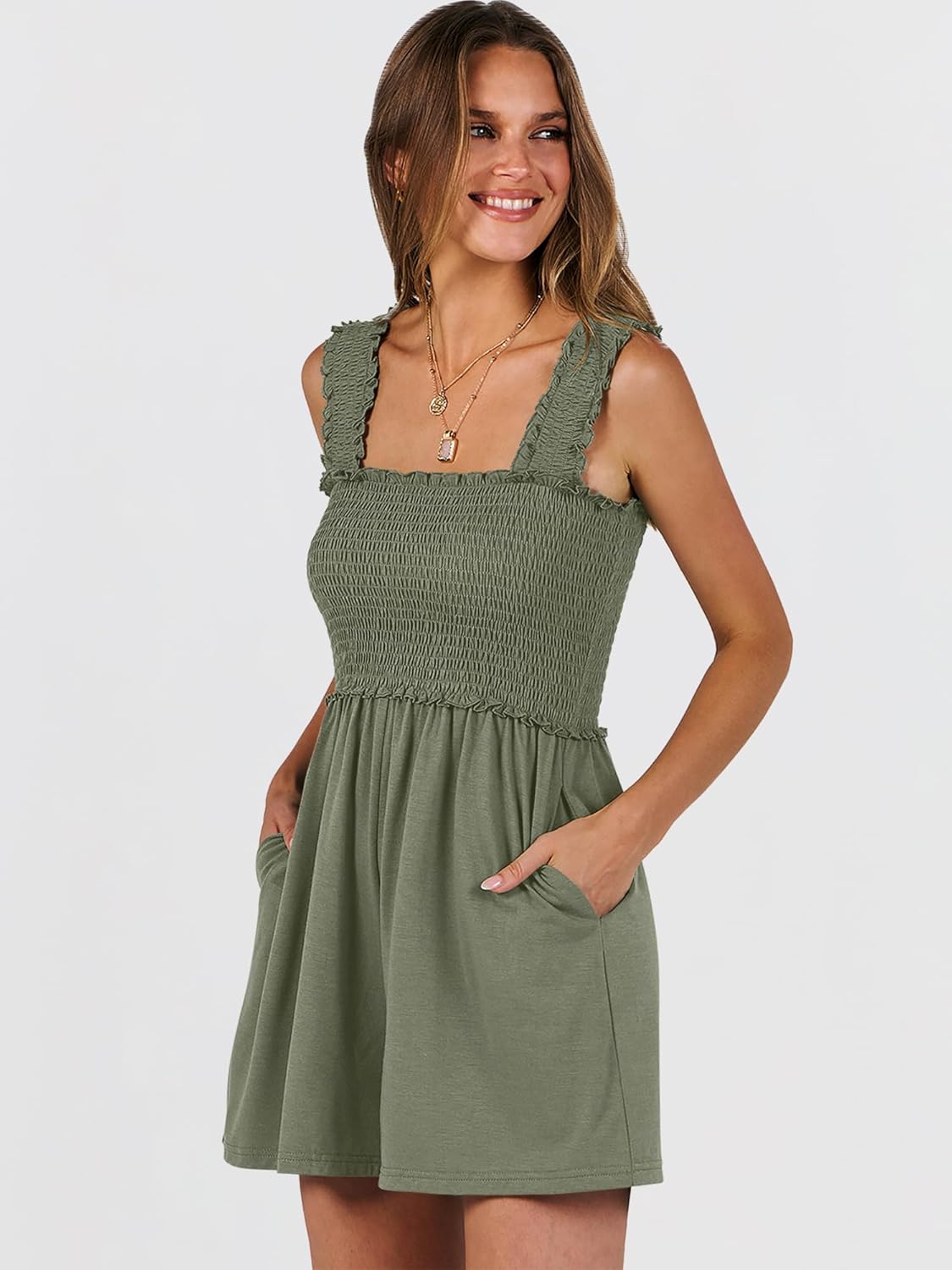 Caracilia Women's Summer Casual Smocked Rompers Square Neck Sleeveless Loose Shorts Jumpsuit 2026 Beach Vacation Outfits - Image 3