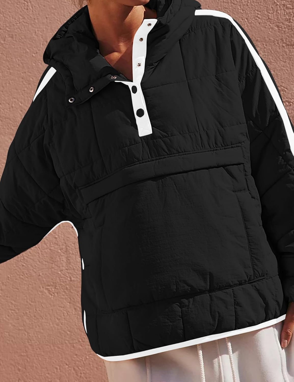 Wanzetaly Womens Quilted Pullover Puffer Jacket Oversized Lightweight Hooded Padded Coat Tops with Pocket