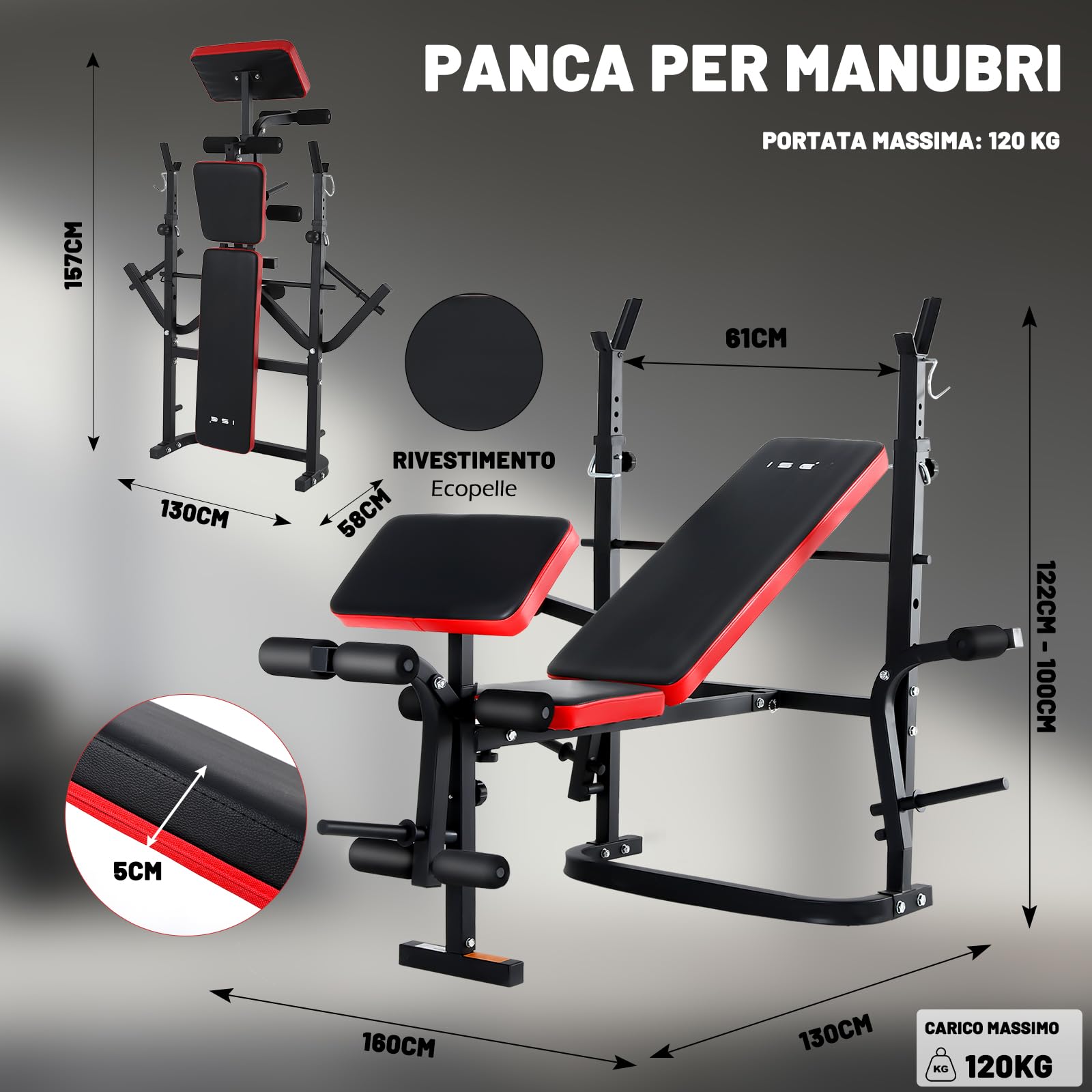 ISE Panca Multifunzione Palestra Casa, Panca Pesi Regolabile con Supporto Bilanciere Schienale Reclinabile Fitness per Allenamento a Casa