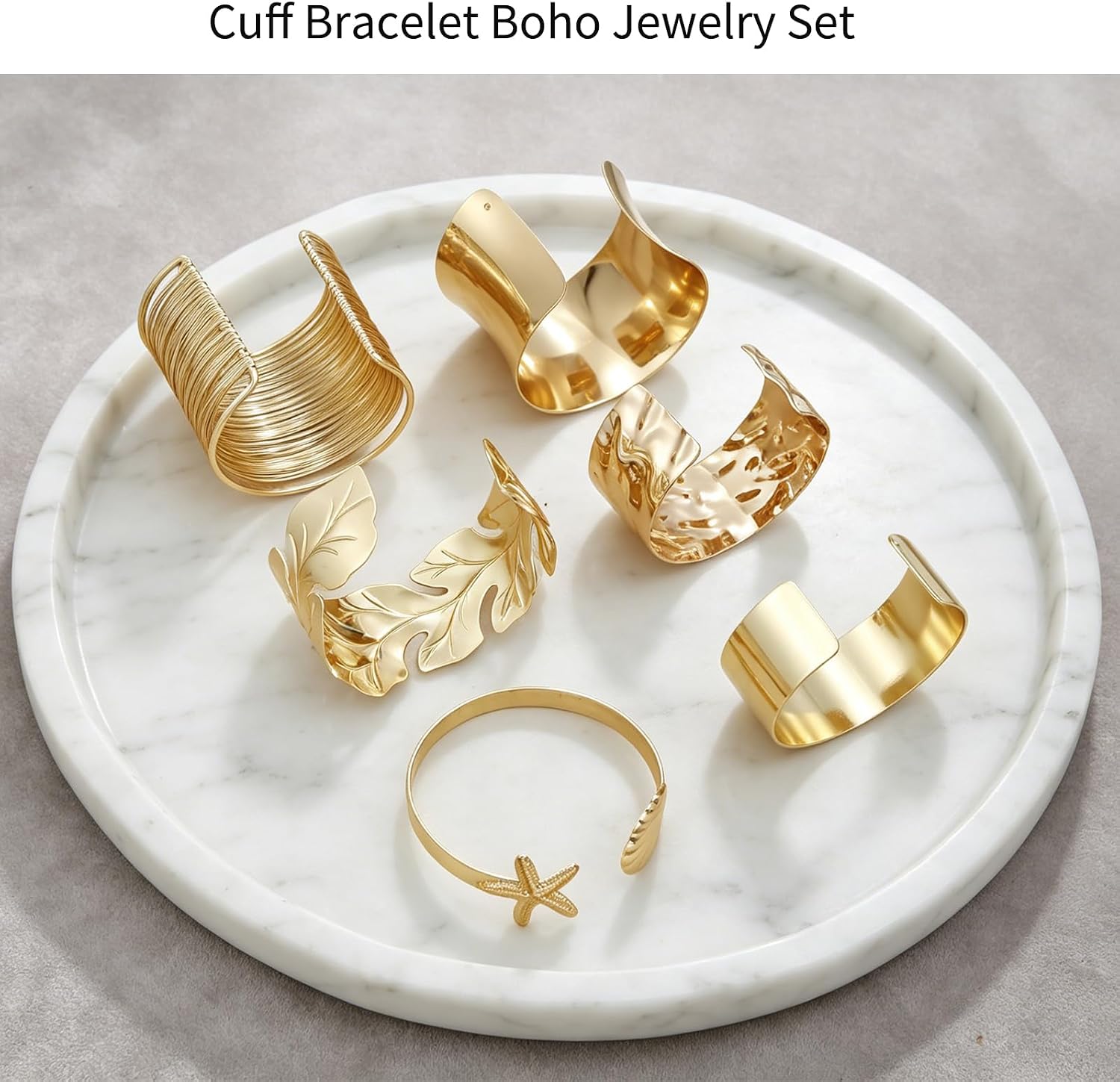 COLOYAN 6PCS Gold Cuff Bangle Bracelets for Women | Sturdy Durable Open Gold Wrist Cuff Bangle,Boho Beach Style, Starfish Shell Leaf Design, Dresses, Vacations, Nights out