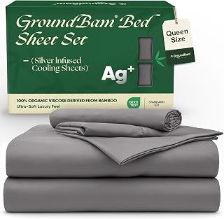 GroundBam Silver Infused Bed Sheets Set, Temperature-Regulating Fabric with Self-Cleaning Technology for 3X Freshness Sleep, Genuine 100% Organic Viscose Derived from Bamboo (Gray, Queen)