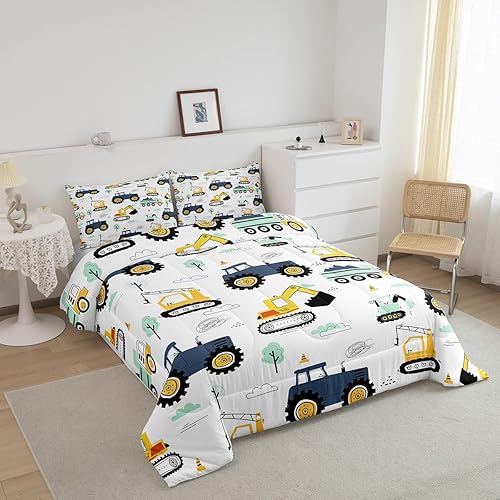 Miniatura 2 de Juego de edredón de excavadora para niños, tamaño matrimonial, ropa de cama de camiones con equipo para niños, niñas, niños, edredón de plumón de
