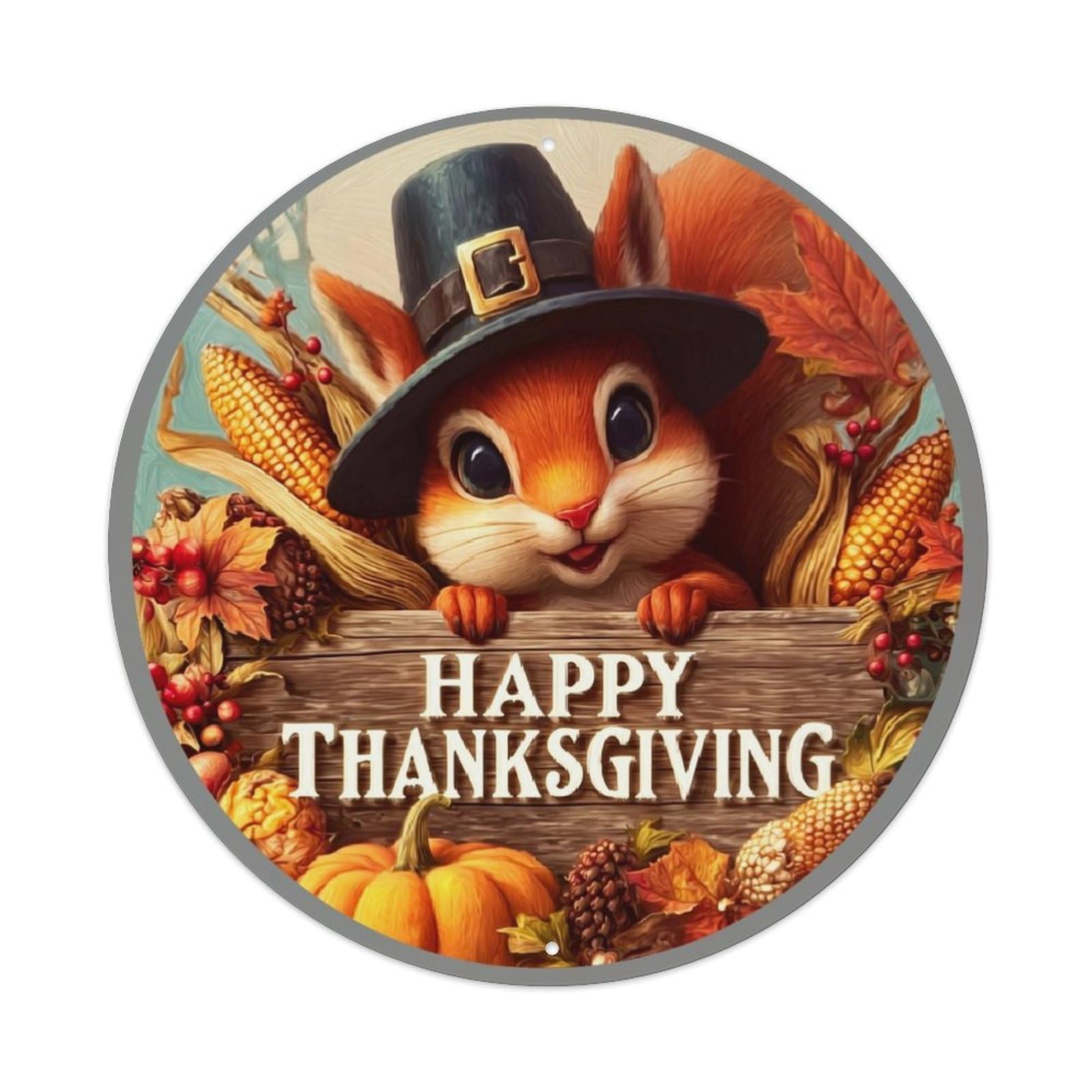 Squirrel Pilgrim Hat Autumn Harvest Vintage Round Tin Sign Retro Metal Wall Decor Metal Poster, Home Bar Garage Cafe Wall Art Decoration 8x8Inches
