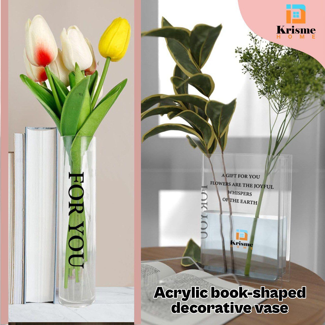Krisme Home Acrylic Book Vase Set of 2 - Decorative Vases for Flowers, Bookshelf and Bedroom Accents - Aesthetic Room and Office Decor - Unique Gifts for Book Lovers, Readers, and Teachers