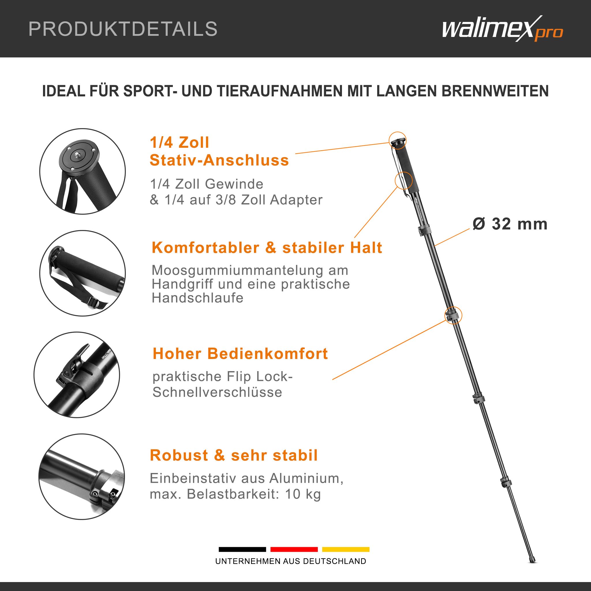 Walimex FT-1502 Pro Einbeinstativ 177 cm, robustes Fotostativ aus Aluminium, Kamerastativ mit 10 kg Traglast, Stativ für DSLR, DSLM und Kompaktkameras, inkl. Transporttasche