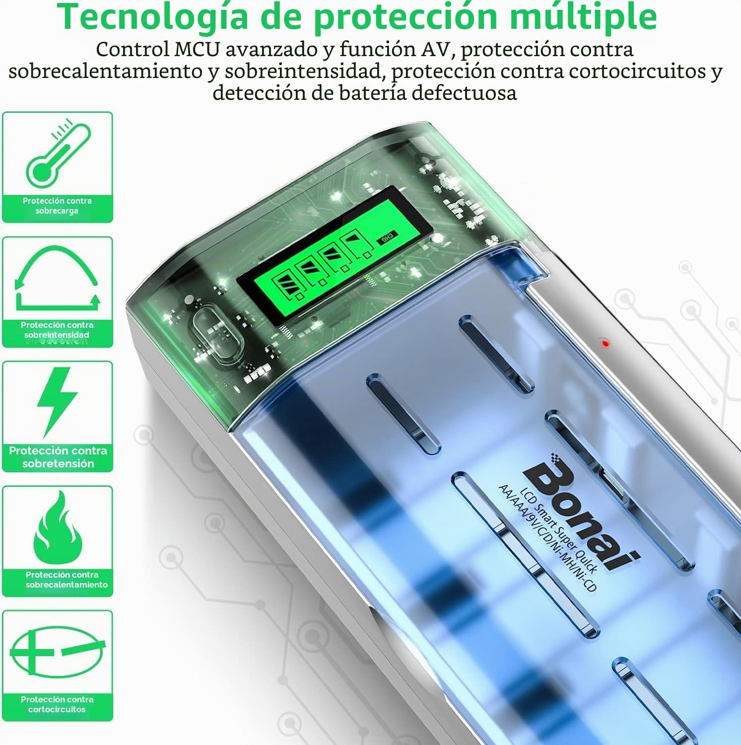 BONAI Cargador de Pilas Rápido, Cargador Pilas Recargables Universal para AA/AAA/SC/C/D/9V NI-MH Batería Recargable, Cargador de Batería Inteligente con Pantalla LCD y Función de Descarga
