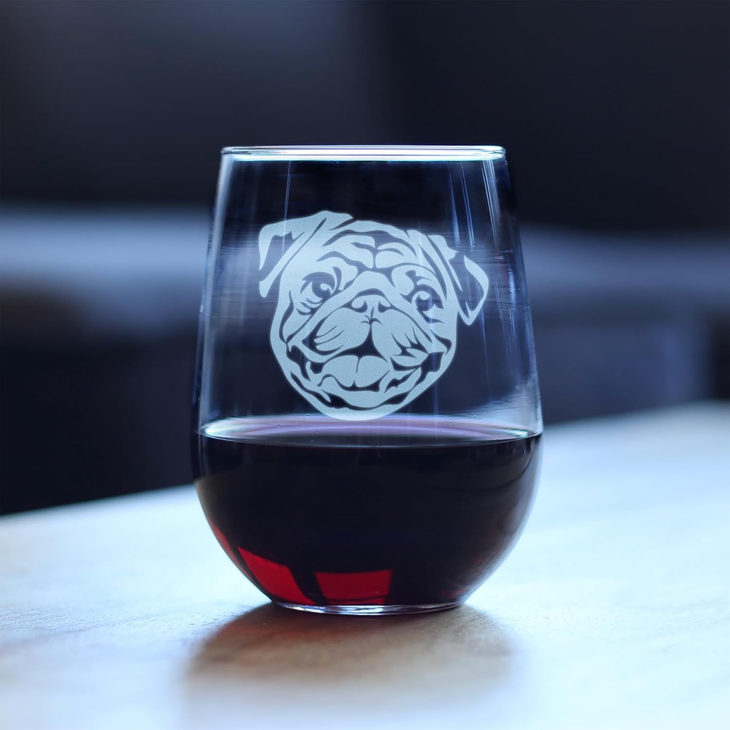 Custom Happy Pug Stemless Wine Glass - Cute Dog Themed Decor and Gifts for Moms & Dads of Pugs - Large 17 Oz Glasses - Customized Glasses