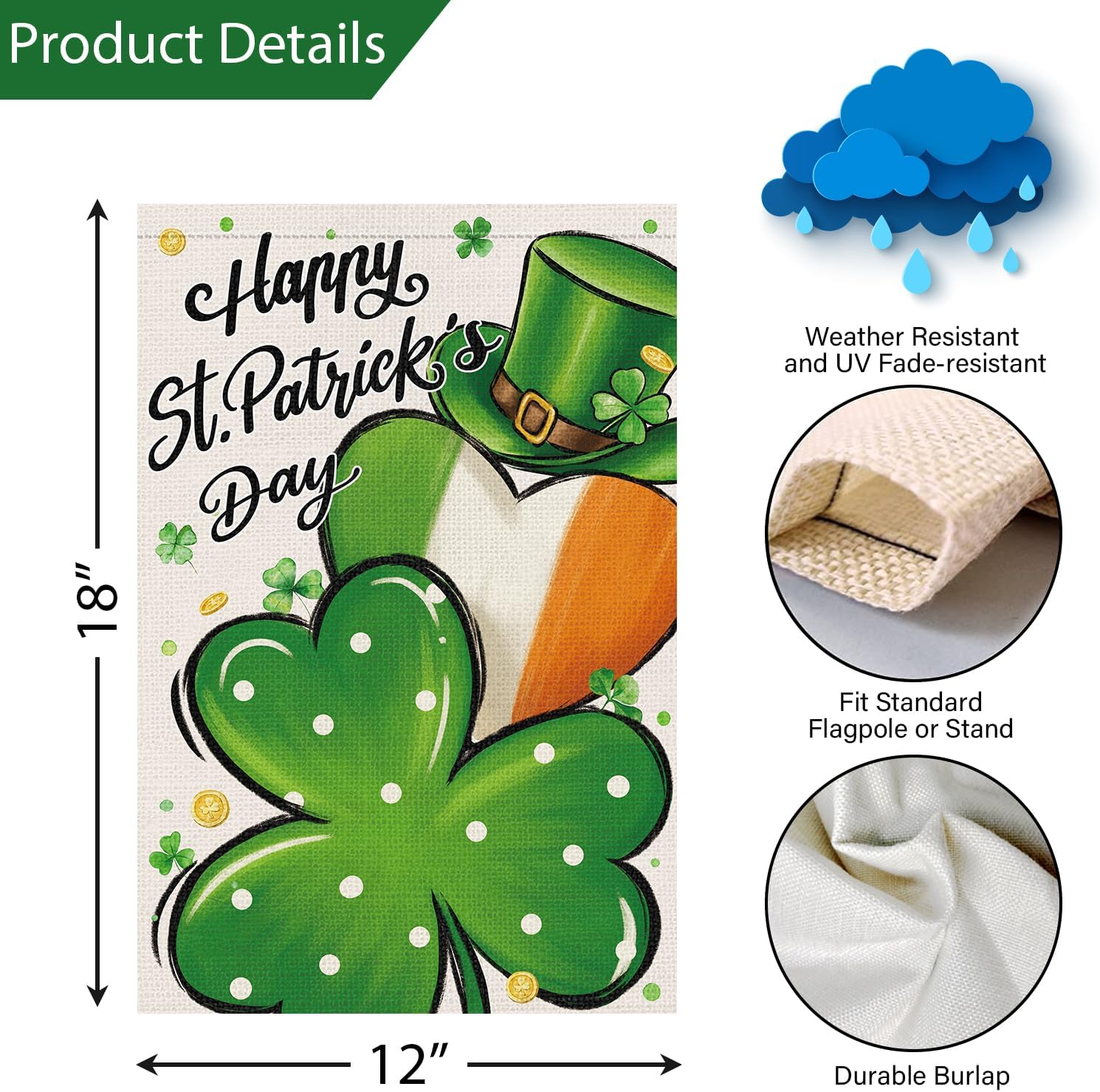 Louise Maelys St Patrick's Day Garden Flag Shamrock Clover Hat 12x18 Inch Double Sided Small Burlap Welcome Saint Patricks Spring Holiday Yard Outdoor Sign Outside House Decoration - Image 4