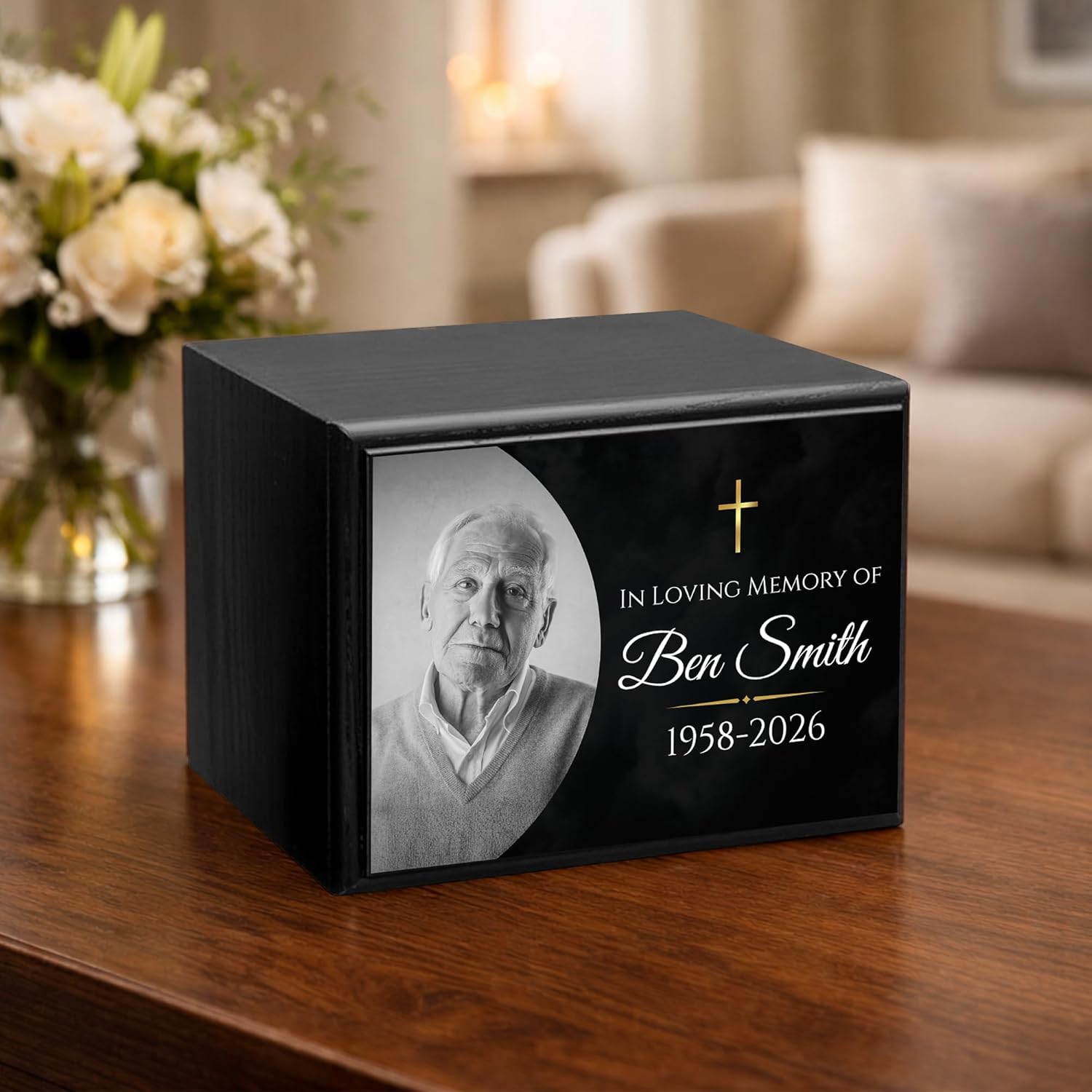 Personalized Wooden Urns for Human Ashes - Custom Cremation Urn for Adult up to 170 lbs - Add Your Photo and Text - Custom Burial Memorial Keepsake, Blk (Design 8) - Image 7
