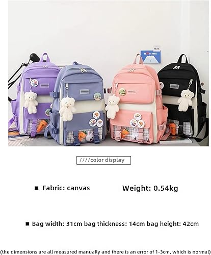 Miniatura 4 de Juego de mochila Kawaii de 5 piezas, bonita mochila escolar estética, suministros juveniles, conjunto de mochila y accesorios, Mochila púrpura 1,