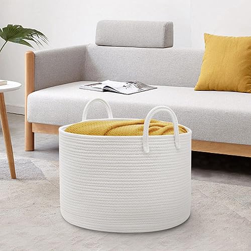 Miniatura 3 de HONCESTA Cesta de almacenamiento extra grande de 20 x 20 x 15 pulgadas, canasta de almacenamiento de manta blanca para sala de estar, canasta