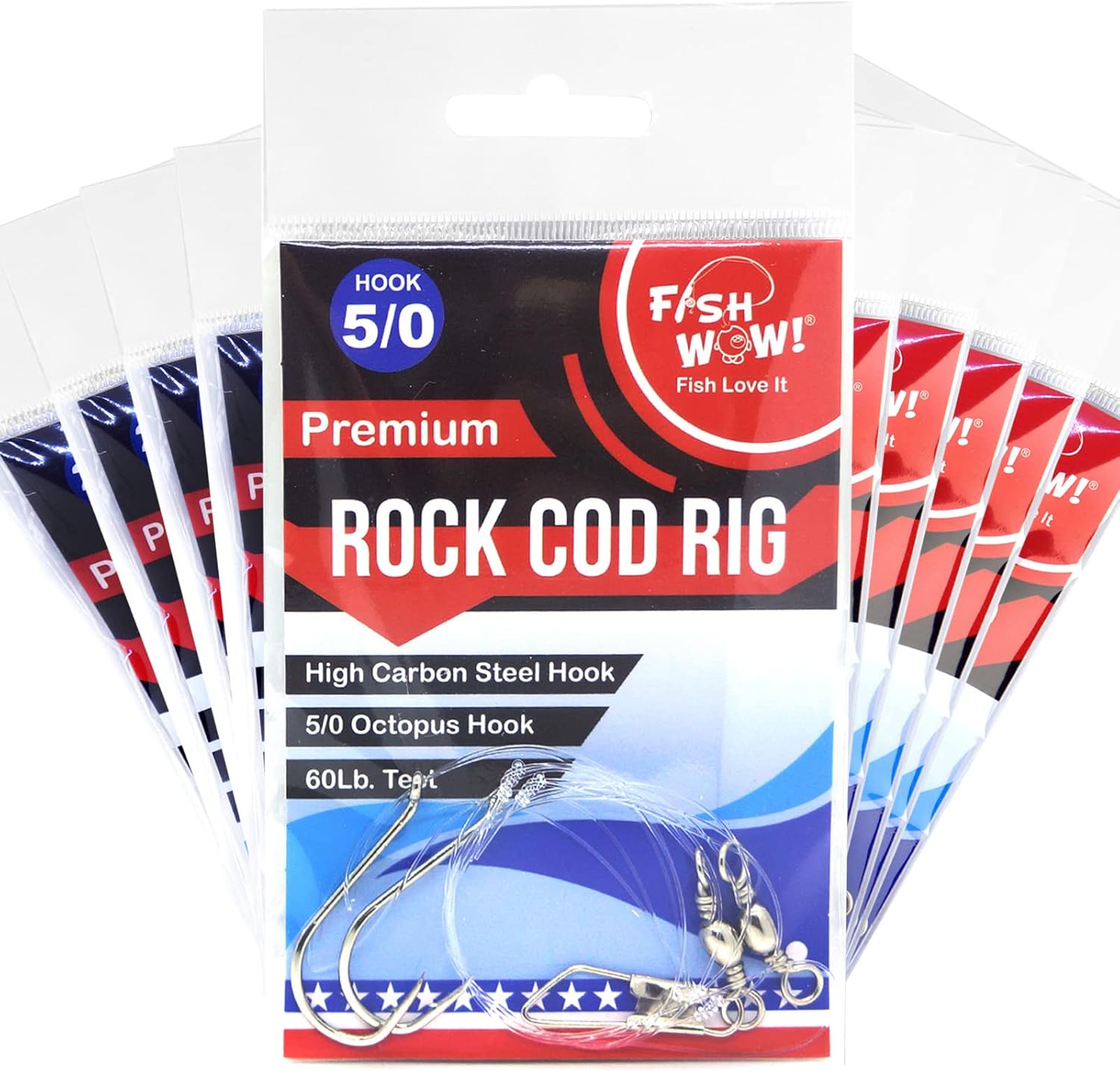 10pks Fish WOW!® Size 5/0 Hook Rock Cod Rig Striper High-Low Clam Rig Two Drops Fishing Rig