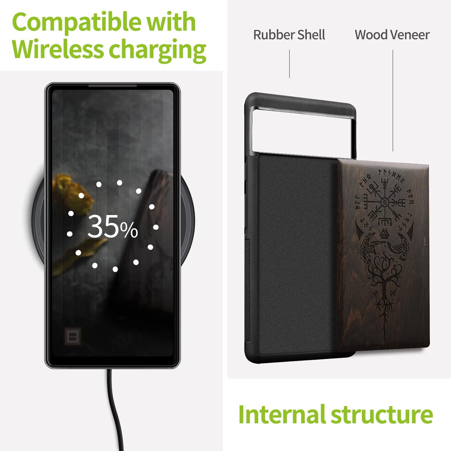 Carveit Wood Case for Pixel 6a Case [Natural Wood & Black Soft TPU] Shockproof Protective Unique & Classy Wooden Cover Compatible with Google Pixel 6a (Viking Compass-Blackwood)