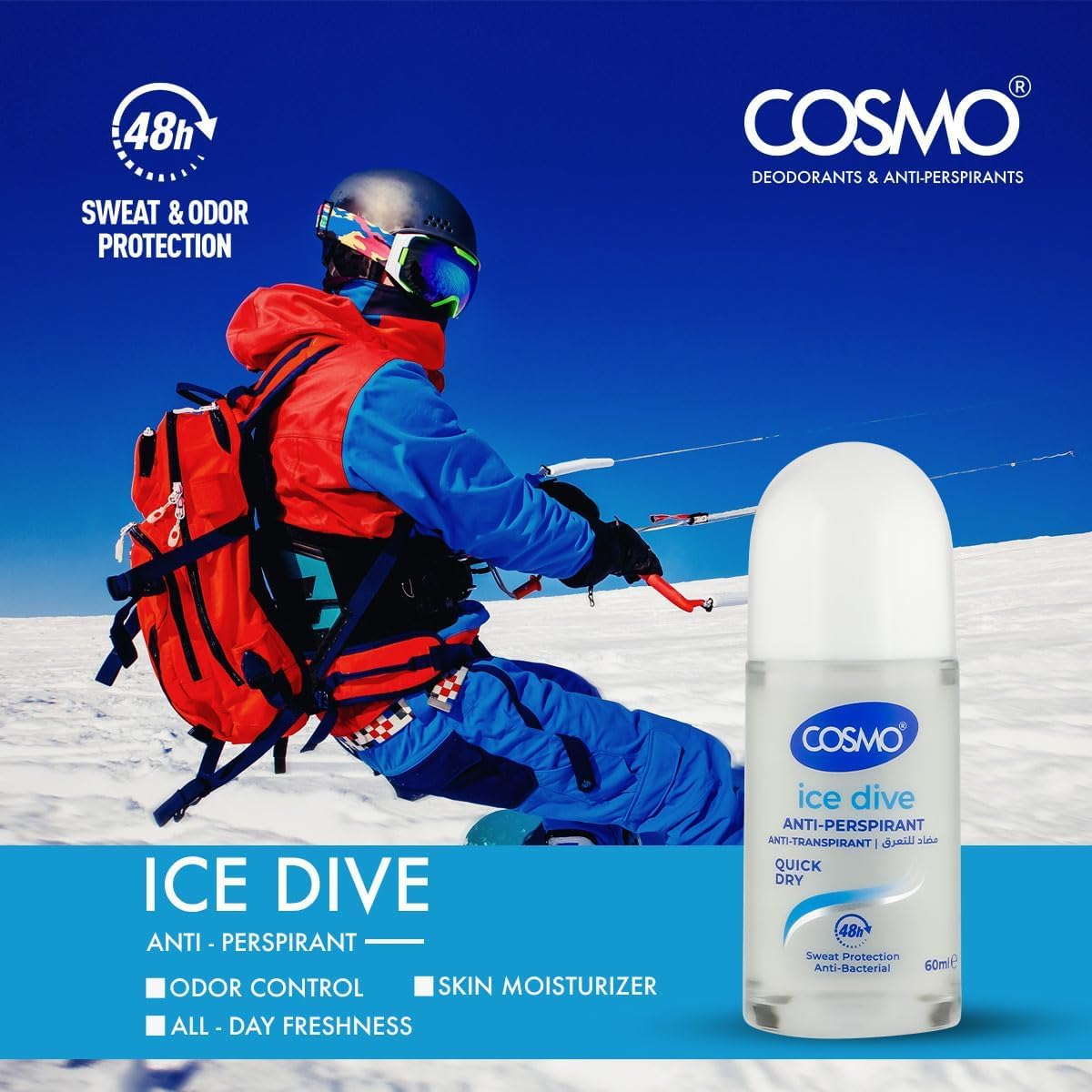 Cosmo Anti-Perspirant Roll-On – Fresh Cooling Scent, Quick Dry, 60ml Glass Bottle | Long-Lasting Odor & Sweat Protection | Alcohol-Free, Gentle on Skin | (2.02 fl.oz, Ice Dive)