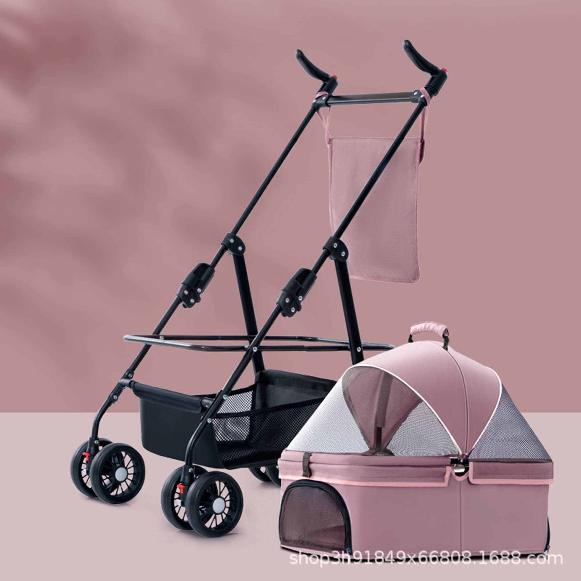 Carrito para mascotas para perros y gatos, portátil, plegable, para exteriores, carrito para perros pequeños, cesta desmontable (color: rosa)