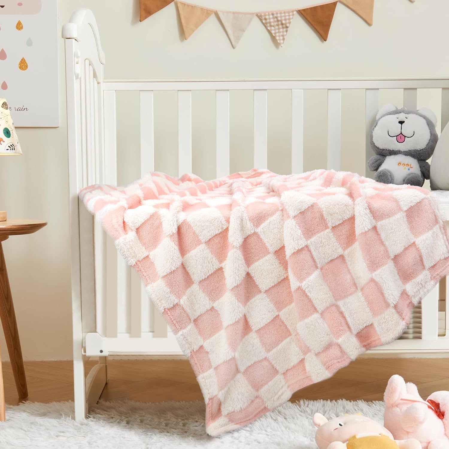 HOMRITAR 2 Pack Flannel Fleece Fluffy Fuzzy Blanket for Baby Cream + 3D Checkered Fleece Baby Blanket Pink 30 x 40 Inch