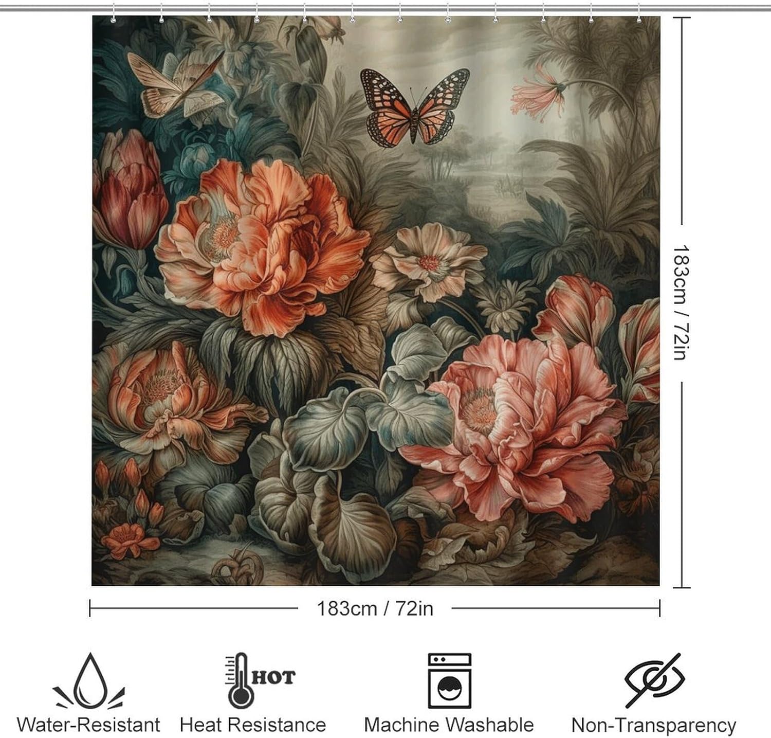 Flowering Plant 4Pcs Shower Curtain Set with Non-Slip Rugs, Toilet Lid Cover and Bath Mat,Bathroom Set Decor Accessories,Curtain Set with 12 Hooks, 72 X 72 Inch