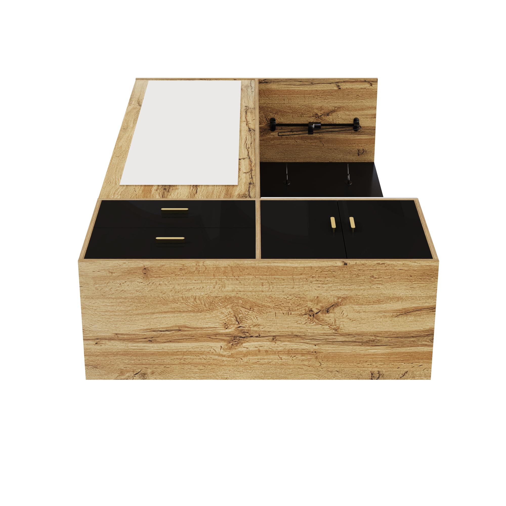 Elegante armario de color madera con espejo, zapatero, zapatero con ganchos y perchas extensibles (negro)