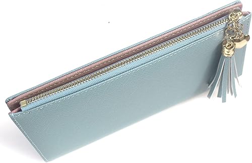 Miniatura 2 de SUMGOGO Billeteras para mujer Slim Clutch Bolso Bolso Tarjetero Mujer Largo Borla Cremallera Bolsillo Moda Taiga Billfold Billfold Wallet, Azul