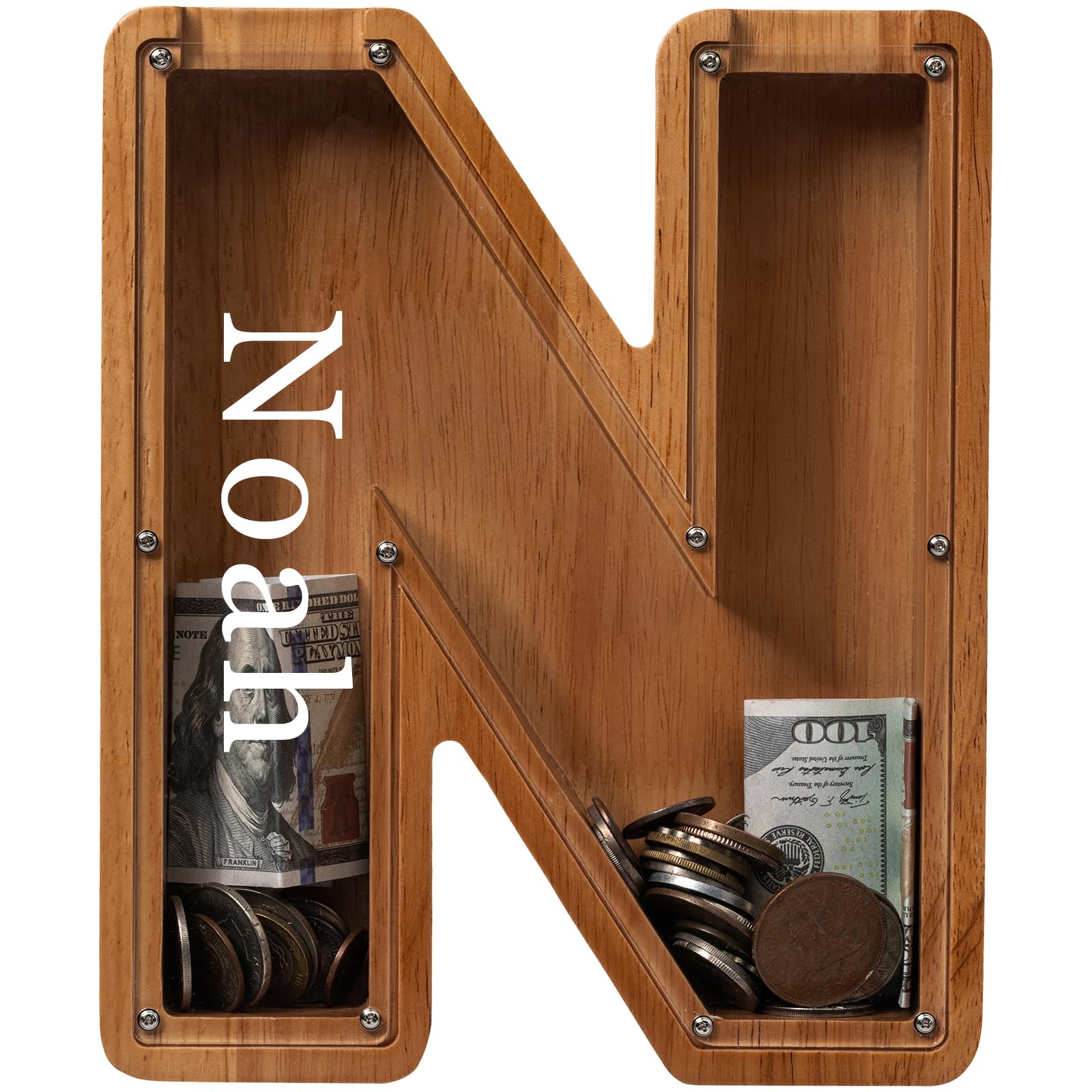 Personalized 12" Extra Large Wooden Letter Piggy Bank for Kids Boys Girls, (Laser Engraved Name) Custom Initial Letter Shape Piggy Bank, Alphabet Coin