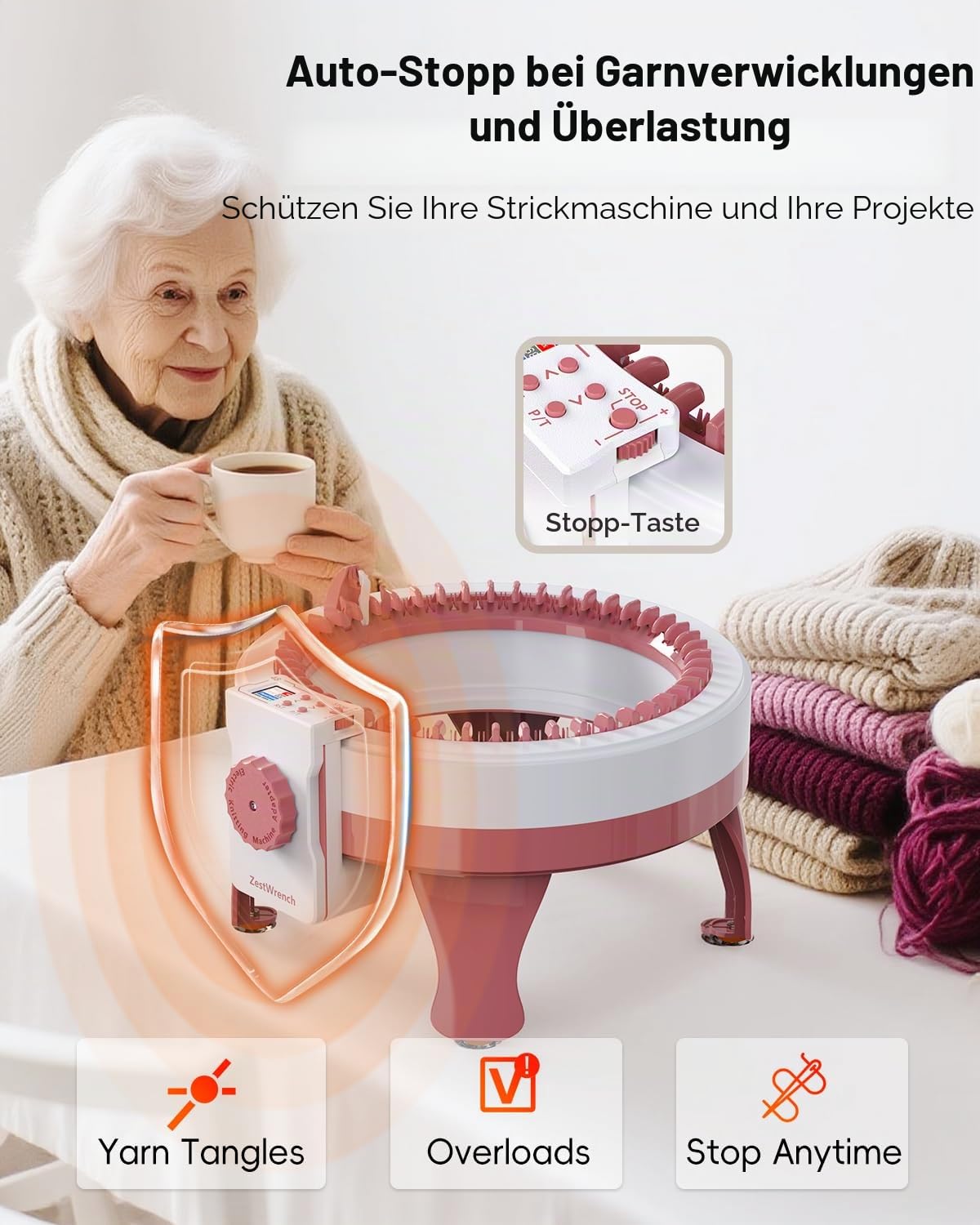 [2025 Upgrade] ZestWrench Elektrische Strickmaschine Adapter für Sentro Strickmaschine 48 Nadeln, Automatisches Strickmaschinenzubehör mit LCD-Panel & Reihenzähler, Flach-/Rundstrickmodi