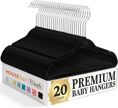 HOUSE DAY 11 Inch Black Velvet Baby Hangers 20 Pack, Premium Kids Hangers