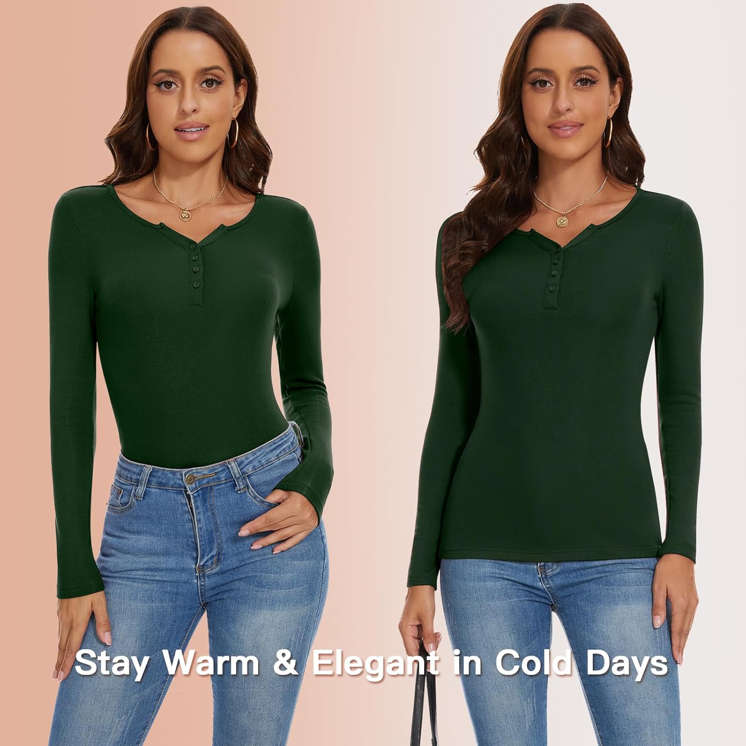 Crewhpo Thermo-bovenstuk voor dames, lange mouwen, katoen, thermoshirt met kant, V-hals, basic thermo-ondergoed, effen stretch top voor herfst en winter, bruin, M