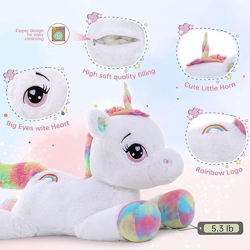 Miniatura 3 de Muiteiur Peluche de unicornio gigante lleno de 5.4 libras de algodón, 43 pulgadas, unicornios blancos de peluche, almohada grande de felpa de