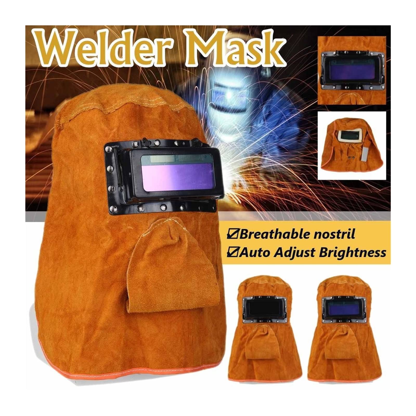 Casco de soldadura, máscara de soldadura, Delantal de soldadura de cuero Máscara de casco transpirable for soldar Capucha de cuero montada en la cabeza amarilla Molienda Lente de filtro de oscurecimie