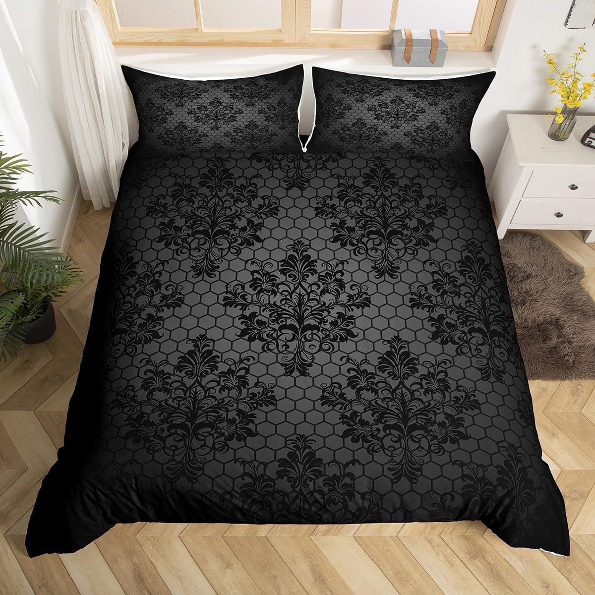 Manfei Black Damask Duvet Cover Set Queen Size, Geometric Honeycomb Print Bedding Set 3pcs, Gothic Vintage Floral Grey Quilt Cover, Man Woman Adults Room Decor, 2 Pillowcases, No Comforter