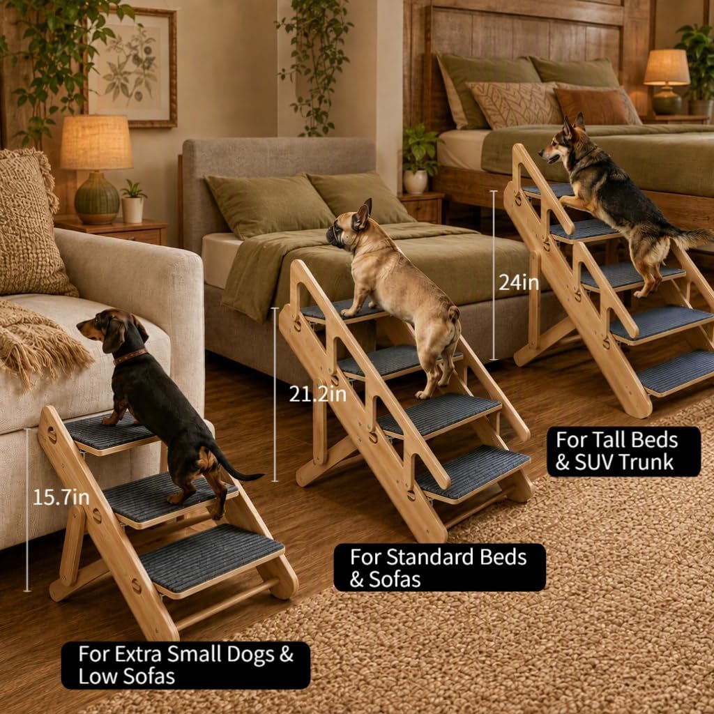 Double Safety Handrails Dog Stairs Ramp, 2-in-1 Convertible Wooden Pet Stairs Foldable Adjustable Height Dog Steps for Bed Couch, Non Slip Pet Ramp Stairs for for Tall Beds & SUV Trunk
