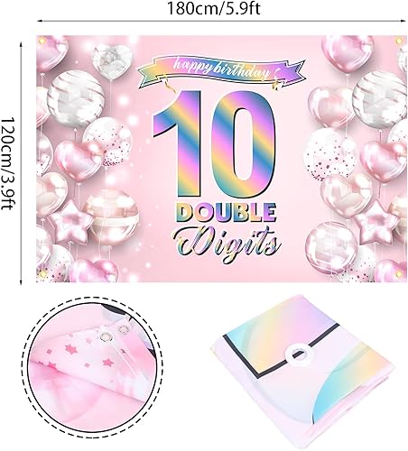 Miniatura 2 de Cartel de feliz cumpleaños número 10, telón de fondo de arcoíris degradado de doble dígito, fondo rosa de 10 años, decoraciones de cumpleaños para