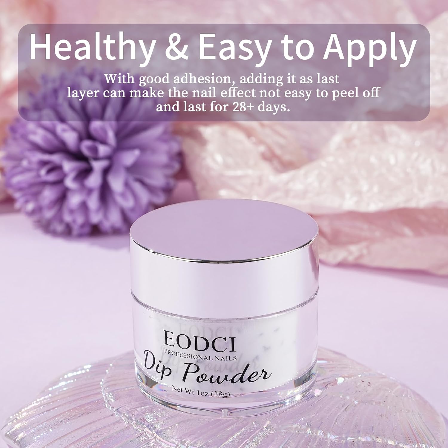 EODCI Dip Powder Nail Purple Color Dried Flower, White Glitter Dipping Powder - Nail Art Starter Manicure DIY No Needed Nail Lamp Curing Nail Color for Professionals & At-Home DIY - 1 oz